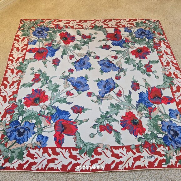 Liberty Silk Scarf Floral Design Hand-Rolled Red, Blue, Green - Picture 13 of 15